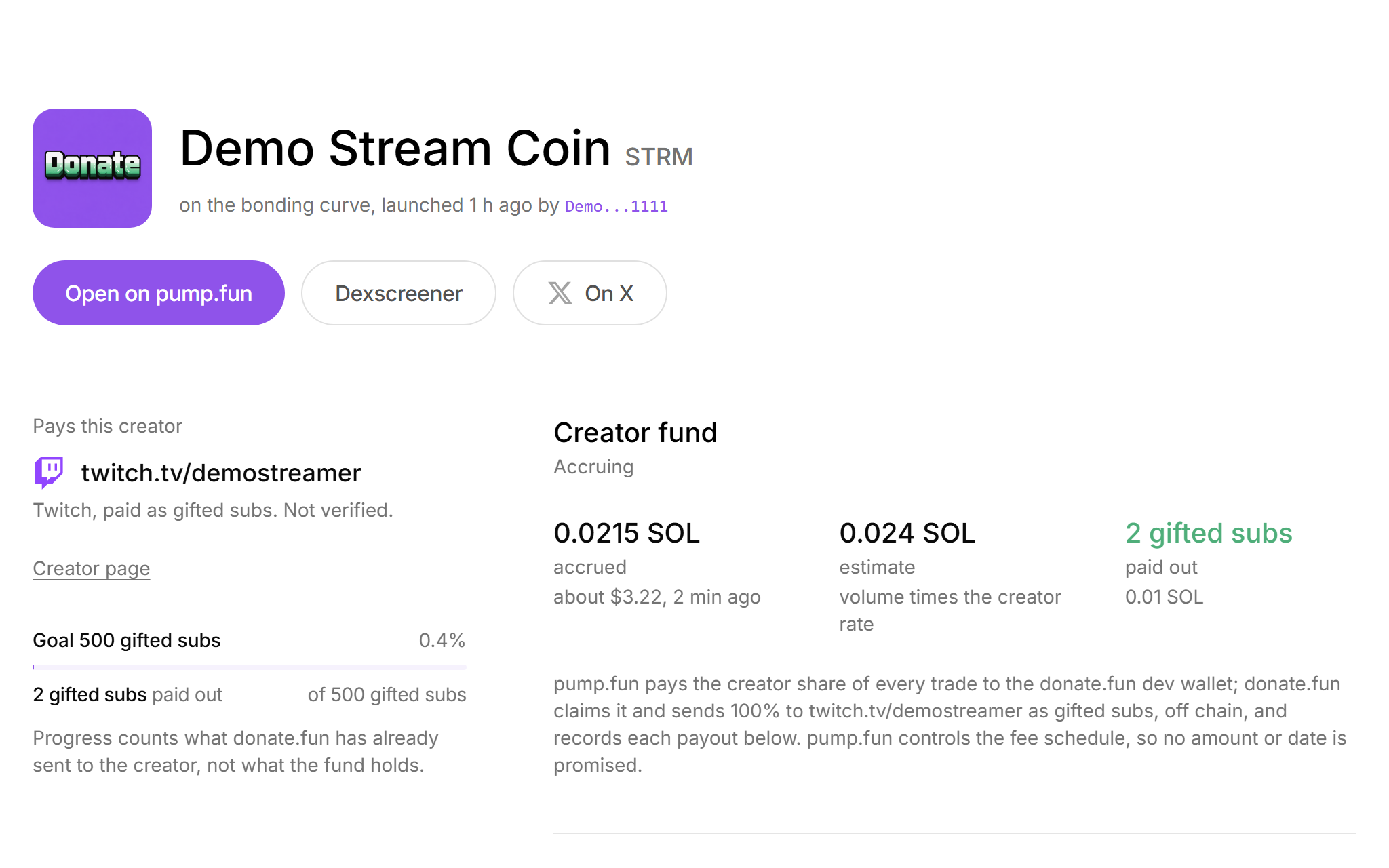 A coin page on donate.fun: the coin, the creator it pays, the creator fund and the market figures